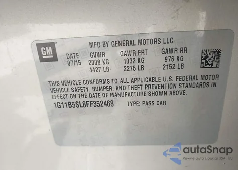 2015 Chevrolet Malibu Ls из США, поврежденный, VIN 1G11B5SL8FF352468